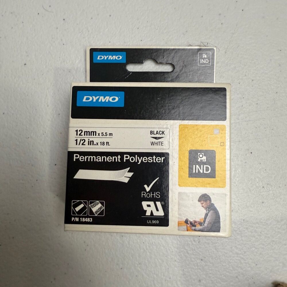 DYMO 18483 1/2" 12mm Black to White Permanent Polyester Label Tape NEW